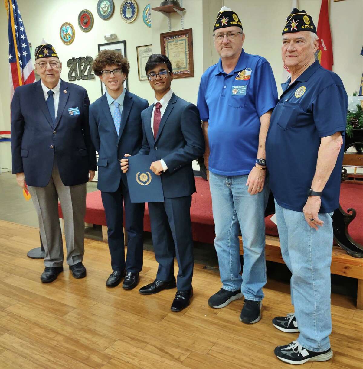 Pictured from left are Harry Woodstrom, Commander of the American Legion 22nd District Department of Texas; Tyler Crivella from Seven Lakes High School; Daniel Rupawalla from Obra D. Tompkins High School; Jim McGuire, adjutant; and Ted Whiteman from American Legion Post 164. Rupawalla was recently deemed the winner of the 22nd District Department of Texas American Legion Oratorical Contest.