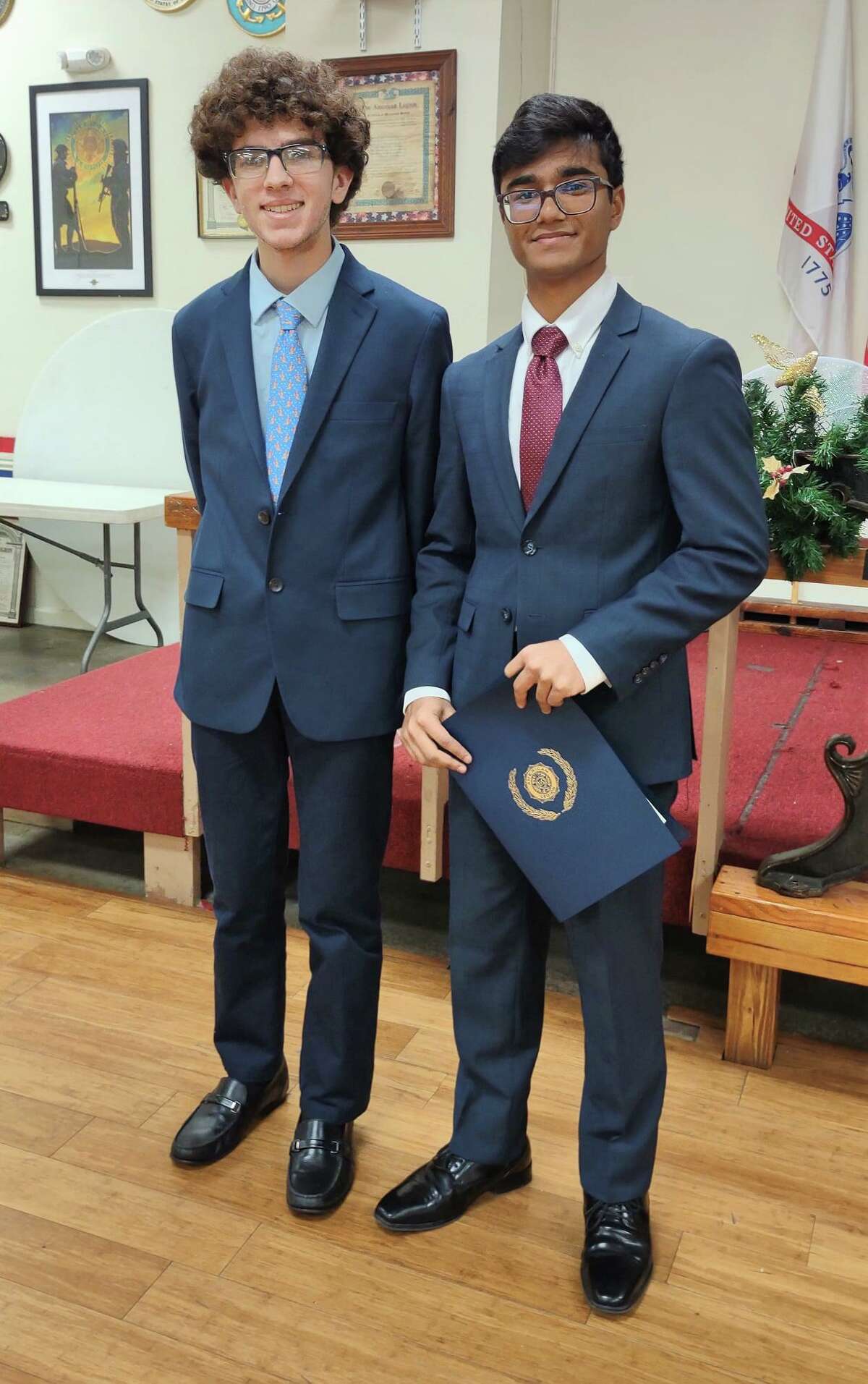 Pictured from left are Tyler Crivella from Seven Lakes High School and Daniel Rupawalla from Obra D. Tompkins High School. Rupawalla was recented named the winner of the 22nd District Department of Texas American Legion Oratorical contest.