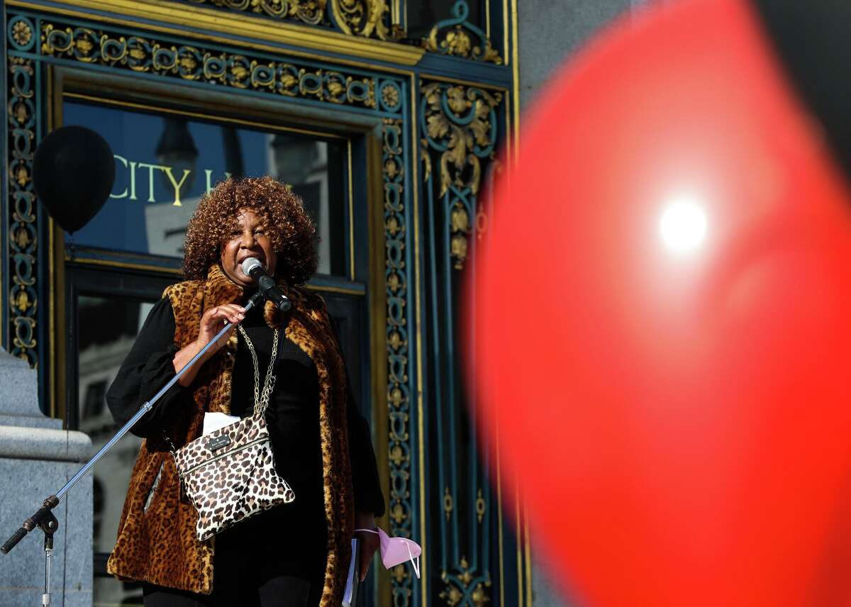 Phelicia Jones, founder of Wealth and Disparities in the Black Community, emcees the event Townhall: The State of Black San Franciscans in 2022, on the front steps of San Francisco City Hall.
