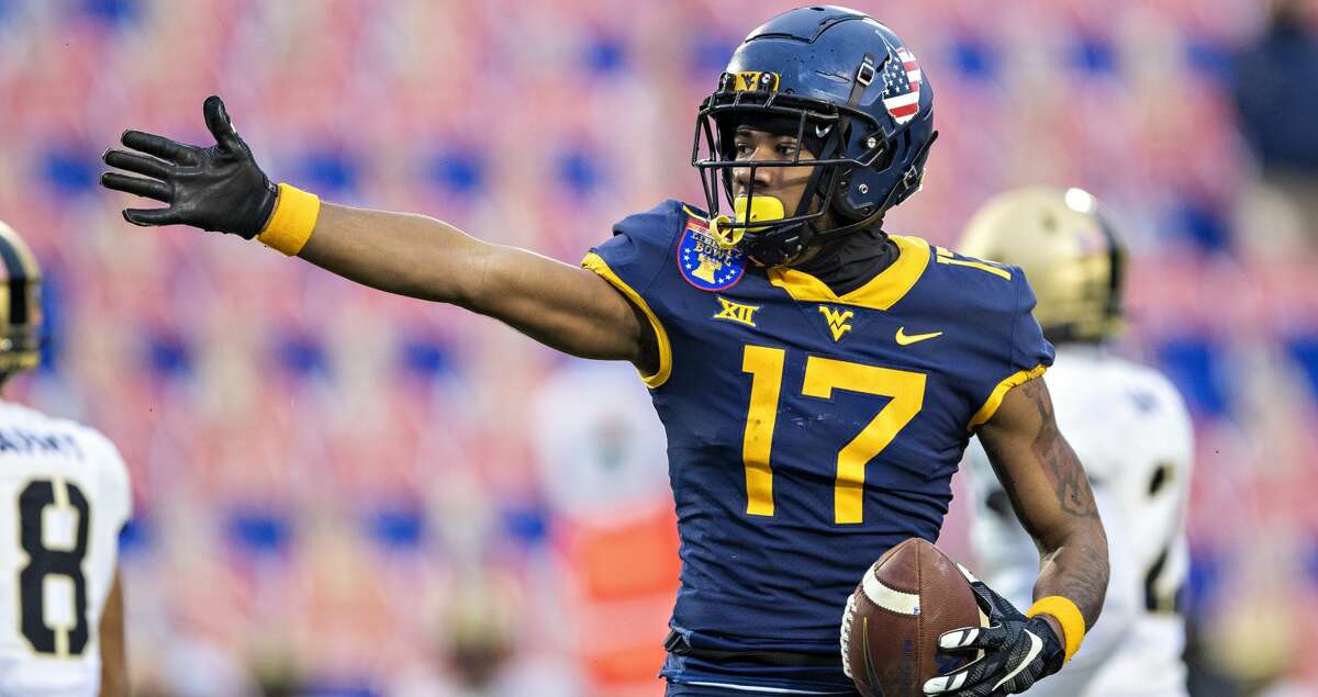 Wide receiver Sam Brown #17 of the West Virginia Mountaineers signals first down in the first half during a game against the Army Black Nights at Liberty Bowl Memorial Stadium on December 31, 2020 in Memphis, Tennessee. (Photo by Wesley Hitt/Getty Images)