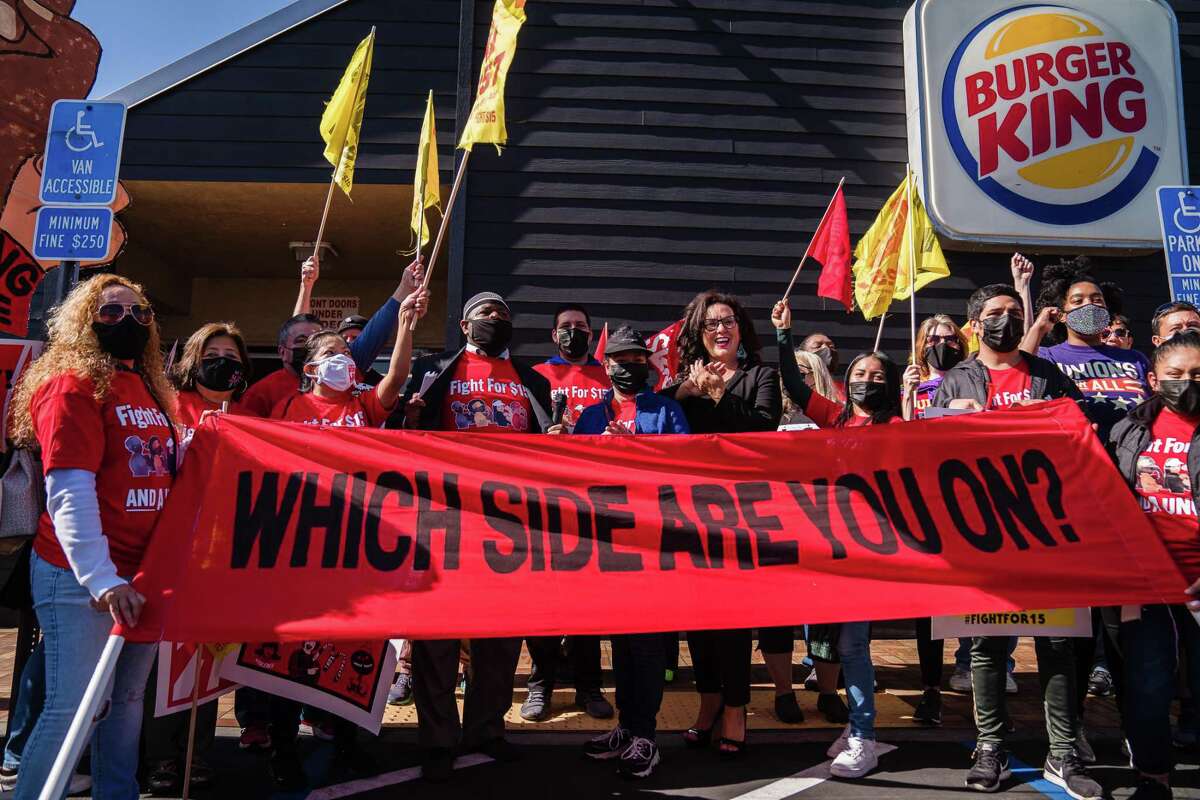 Assembly Member Lorena Gonzalez, D-San Diego, rallies for worker rights outside Burger King in San Diego in November.