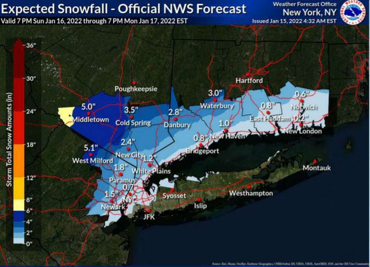The National Weather Service anticipates 0.2 inches to 3 inches of snowfall in Connecticut Sunday night.