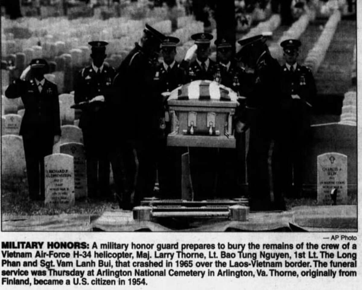 A photo from an article depicts the funeral of U.S. Army Maj. Larry Alan Thorne, of Norwalk CT.