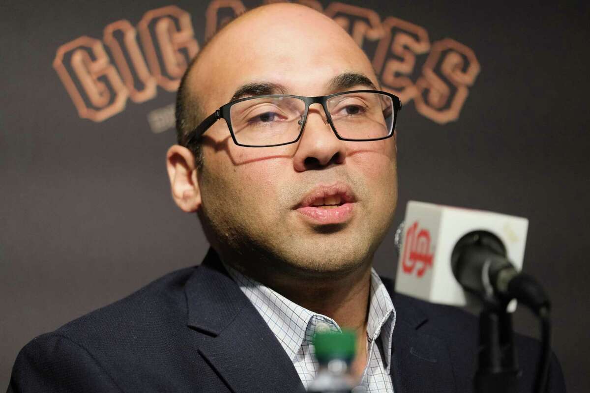 San Francisco Giants President of Baseball Operations Farhan Zaidi speaks at a press conference to introduce Gabe Kapler as the new Giant?•s manager at Oracle Park in San Francisco, Calif. on Wednesday November 13, 2019.