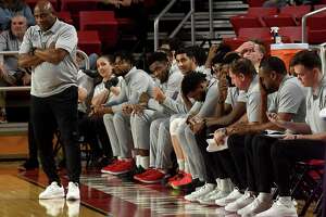 Lamar's bench and coaches react as Sam Houston State pulls ahead at the end of the first half during Thursday's game at the Montagne Center. 
Photo made Thursday, January 13, 2022
Kim Brent/The Enterprise