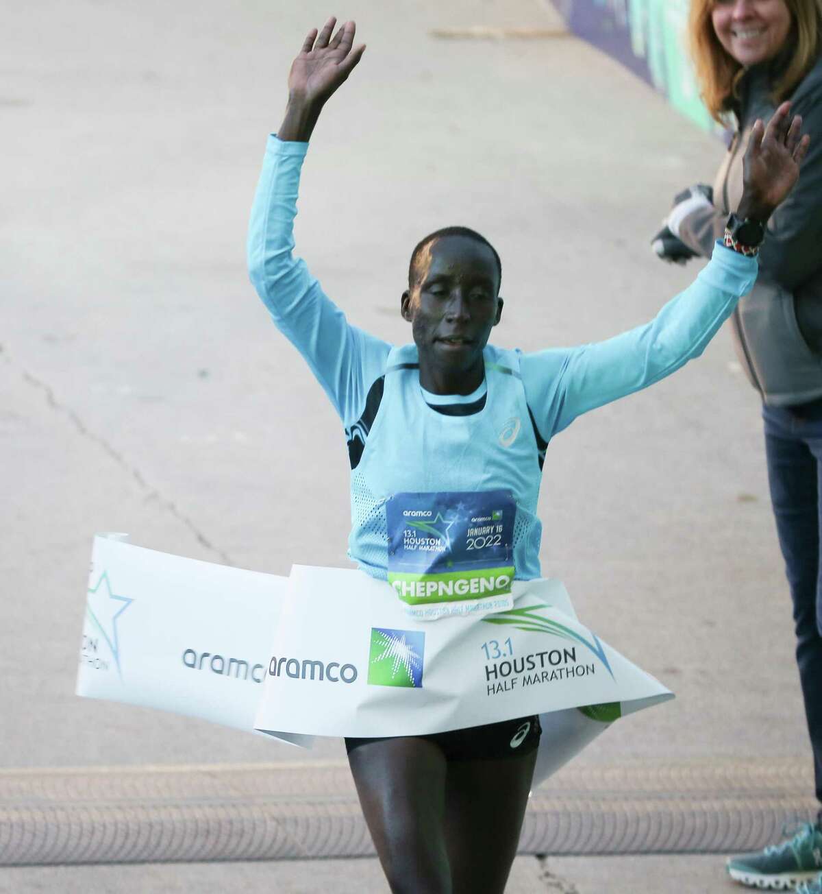Victory Chepngeno wins the Aramco Half Marathon in Houston on Sunday, Jan. 16, 2022.