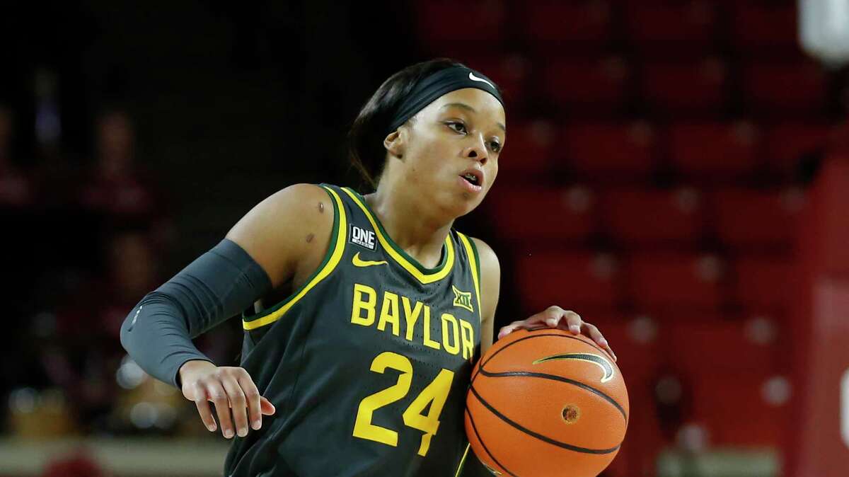 Baylor guard Sarah Andrews (24) during the first half of an NCAA college basketball game against Oklahoma Wednesday, Jan. 12, 2022, in Norman, Okla. (AP Photo/Garett Fisbeck)