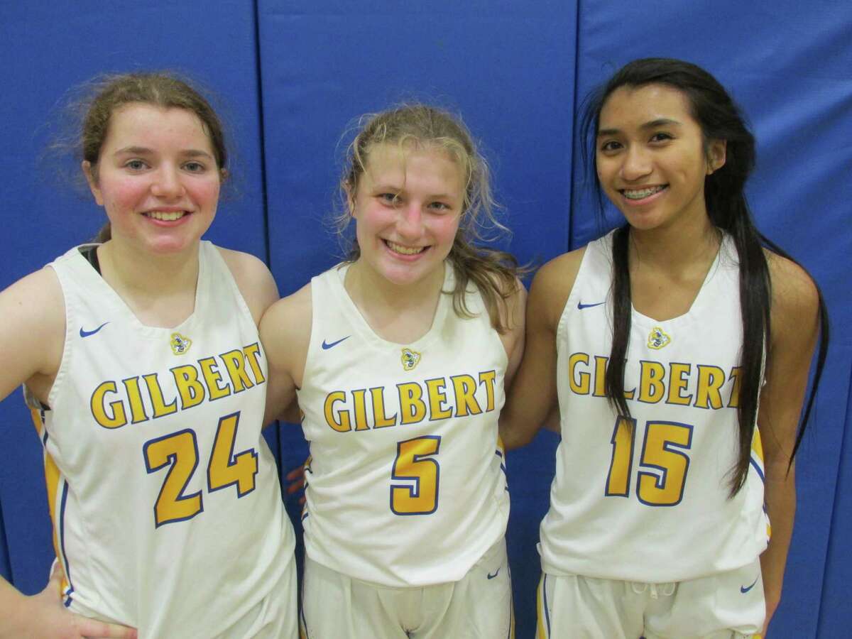 Gilbert’s girls basketball team currently has three freshman starters. From left, Alina Gutic, Emily Arel and Andrea Buncalan.