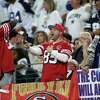 San Francisco 49ers' fans react in final minutes of 23-17 win over Dallas Cowboys during NFL NFC Wild Card Playoff game at AT&T Stadium in Arlington, Texas on Sunday, January 16, 2022.