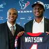 Texans GM Rick Smith and Deshaun Watson were all smiles in 2017 after Houston moved up to draft the quarterback at No. 12.