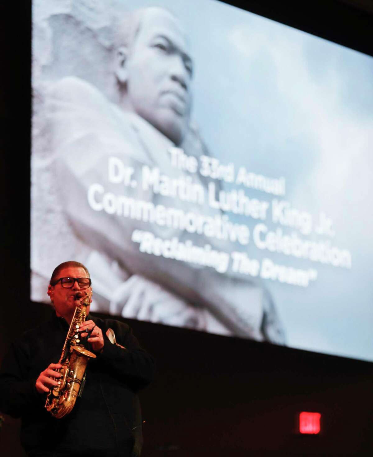 Saxophonist Mark Holter performs during the “Reclaiming the Dream” program in celebration of the life of Dr. Martin Luther King, Jr. at The Woodlands Methodist Church Monday, Jan. 17, 2022, in The Woodlands.