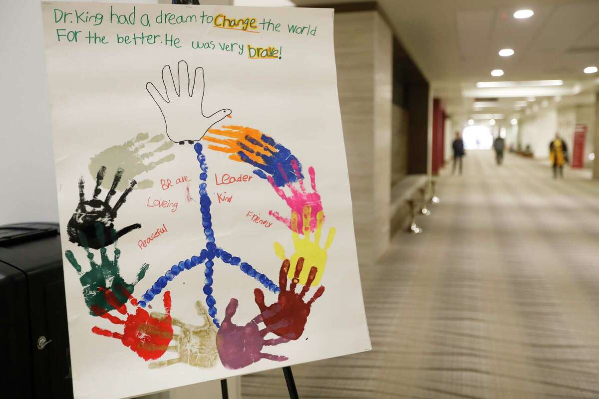 Children’s artwork is seen during the “Reclaiming the Dream” program in celebration of the life of Dr. Martin Luther King, Jr. at The Woodlands Methodist Church Monday, Jan. 17, 2022, in The Woodlands.