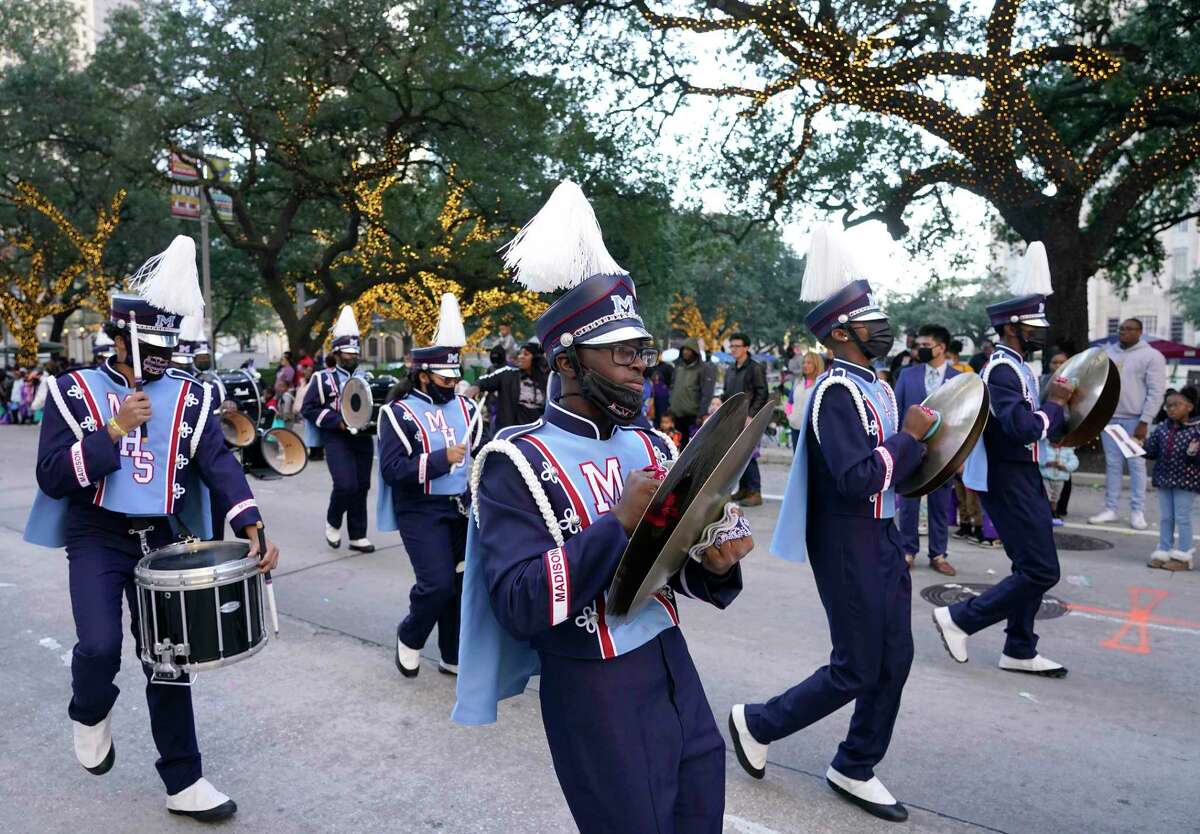 Members of the James Madison High School Ocean of Thunder marching band perform during the 44th annual Original MLK Day Parade hosted by the City of Houston and the Black Heritage Society Monday, Jan. 17, 2022 in Houston.