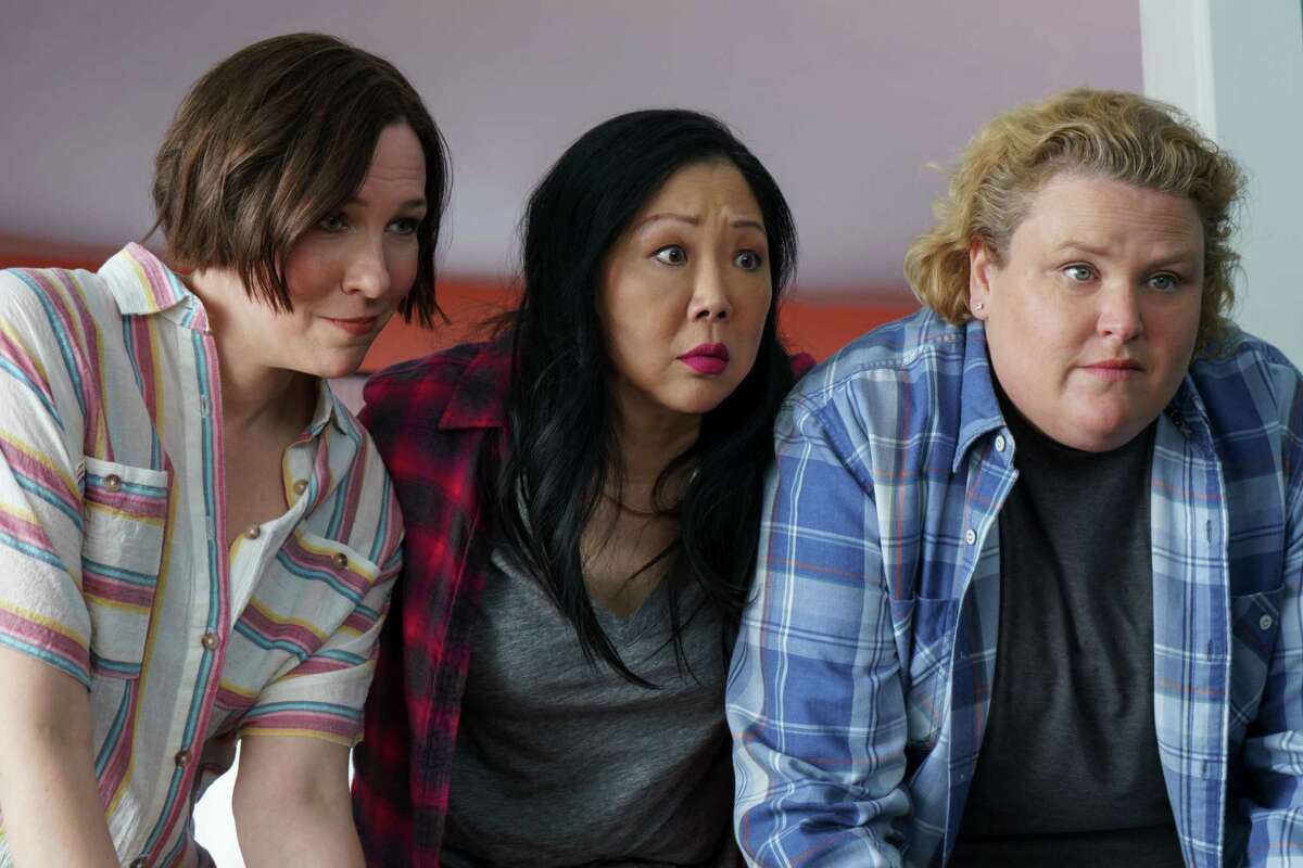 Fortune Feimster, right, appears in the Hulu movie “Sex Appeal” with Rebecca Henderson, left, and Margaret Cho. “I play my first mom role ever,” Feimster says.