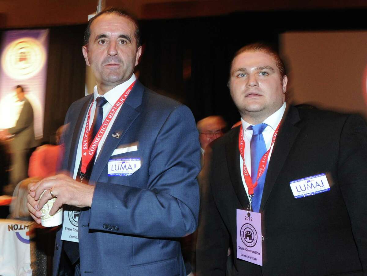 Peter Lumaj watching a ballot toteboard at the Republican State Convention at Foxwoods Casino on May 12, 2018, when he failed to get enough support to get on the party’s primary ballot for governor.