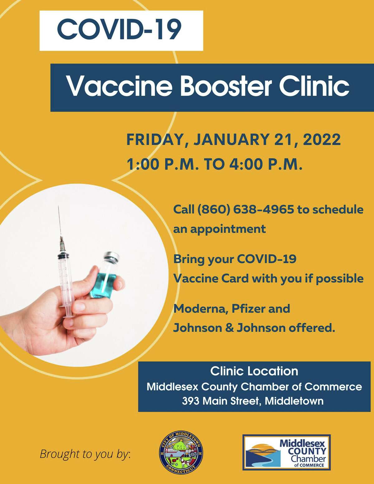 The Middlesex County Chamber of Commerce will be hosting a free COVID-19 booster clinic in collaboration with the city of Middletown Health Department.