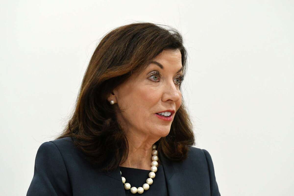 Gov. Kathy Hochul attends a Times Union editorial board meeting on Tuesday, Jan. 18, 2022, at the Hearst Media Center in Colonie, N.Y.