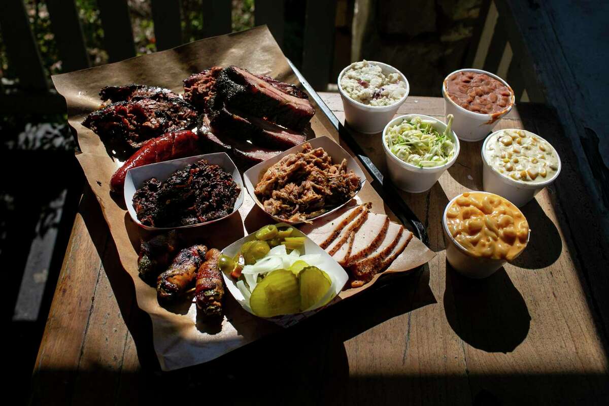 Alamo BBQ would serve a meat tray of lean brisket, marbled brisket, peach-glazed baby back ribs, smoked sausage, chopped beef, smoked pulled pork, smoked turkey, and stuffed jalepeños.