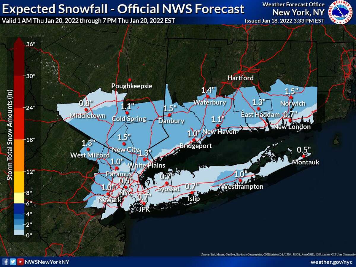 The National Weather Service forecasts about an inch of snow for most of Connecticut Thursday morning.