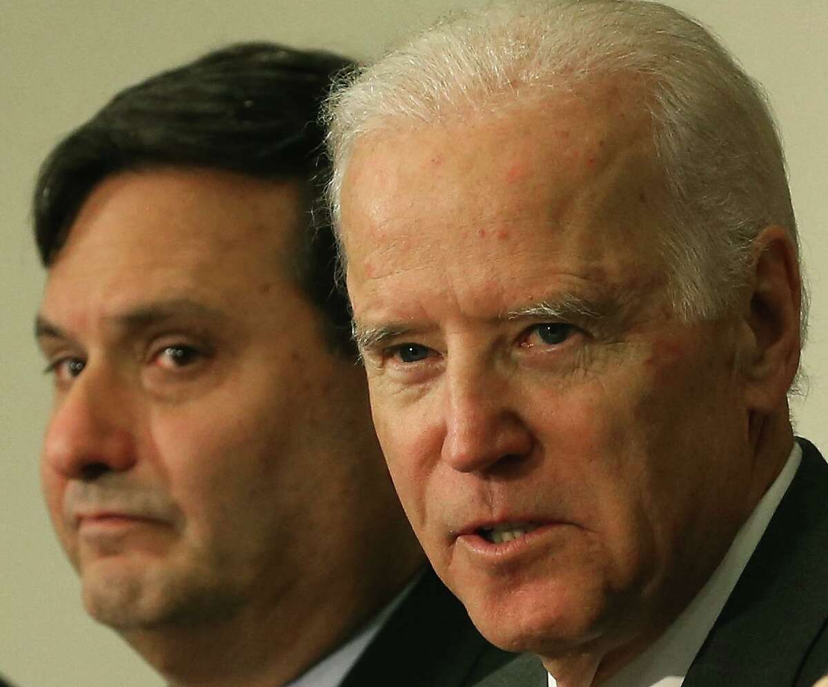 Then U.S. Vice President Joseph Biden, joined by Ron Klain, who is now his chief of staff, at a meeting regarding Ebola at the Eisenhower Executive office building November 13, 2014 in Washington, D.C.
