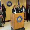 Westchester, N.Y., District Attorney Miriam E. Rocah, center, at a press conference Wednesday. Rocah released a final report into the killing of Kathie Durst, wife of Robert Durst.