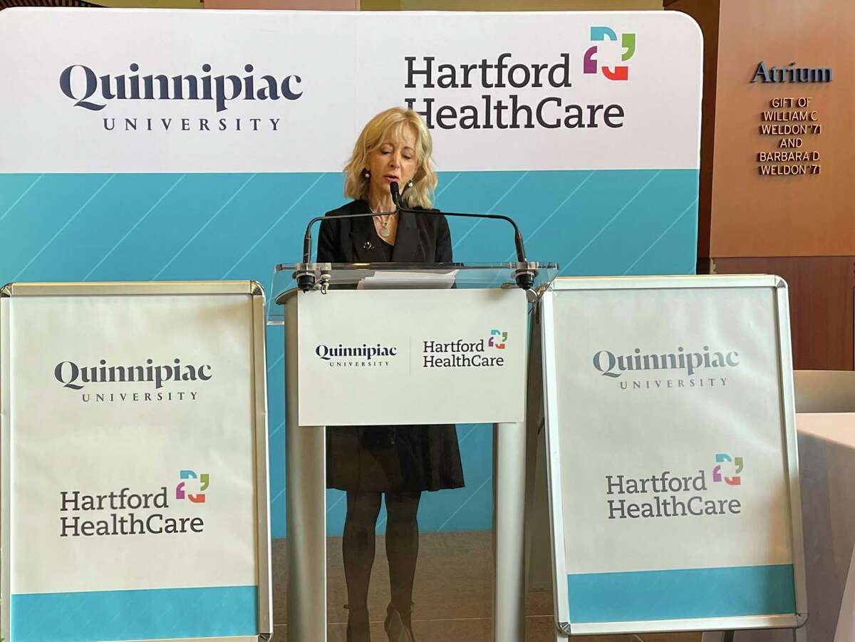 Quinnipiac University President Judy D. Olian announces the school's partnership with Hartford Healthcare Jan. 19, 2022 in North Haven.