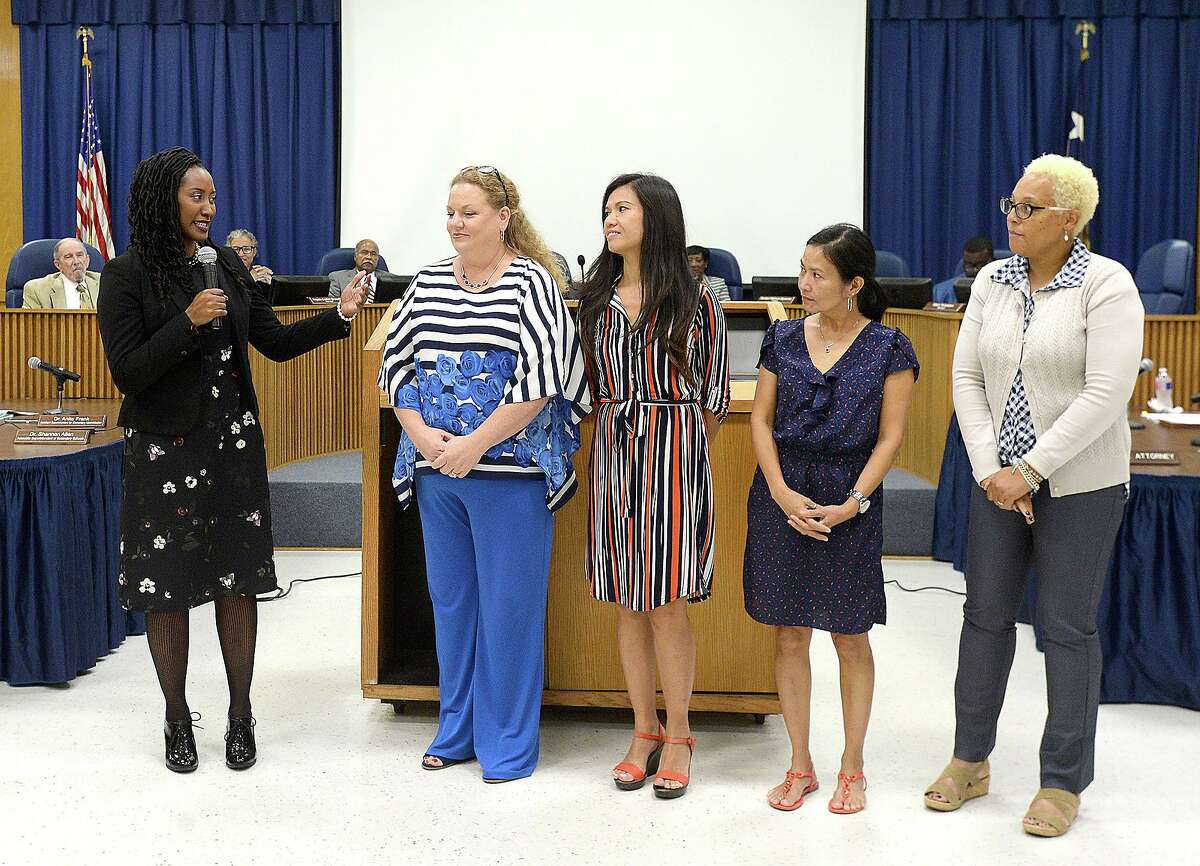 Team members from Charlton-Pollard Elementary take their position up front after being one of 5 schools recognized for having moved out of IR status during Thursday's meeting of the Beaumont ISD board of managers. Thursday, September 20, 2018 Kim Brent/The Enterprise