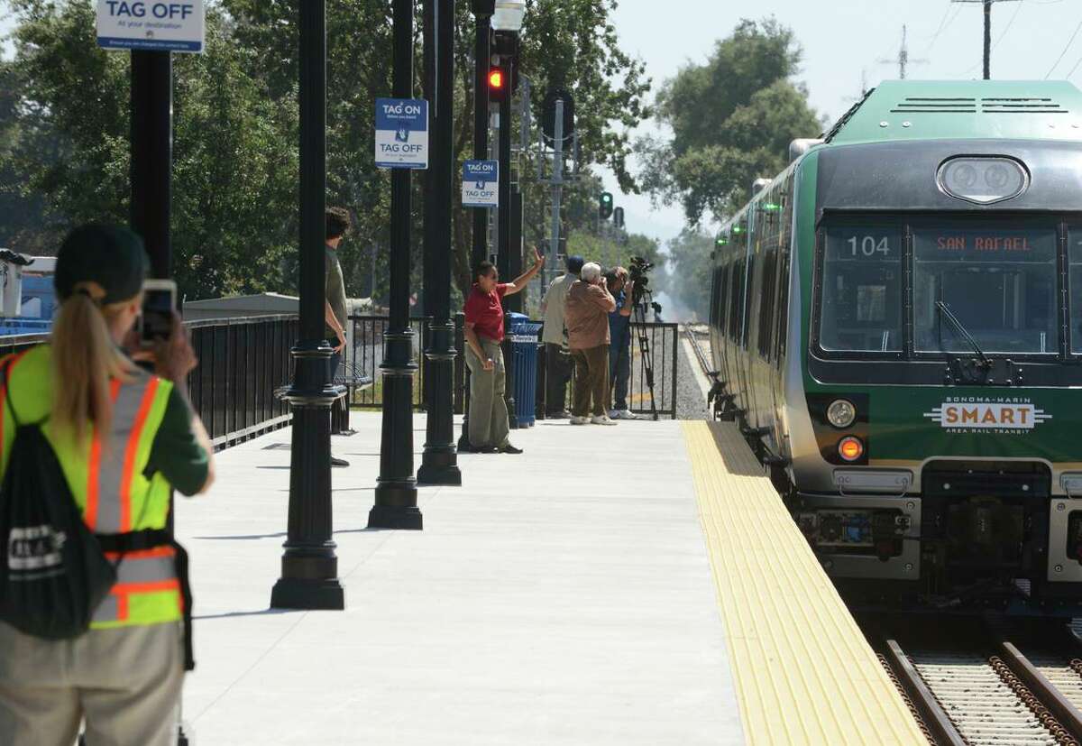 A SMART train leaving a station in Santa Rosa, Calif. A new commuter rail line connecting Novato and Solano County along the congested and flood-threatened Highway 37 corridor is expected to be included in state rail plan set for release in early February.