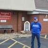 Grand Knight Doug Hastings outside of the Knights of Columbus Council 1143 Hall.  