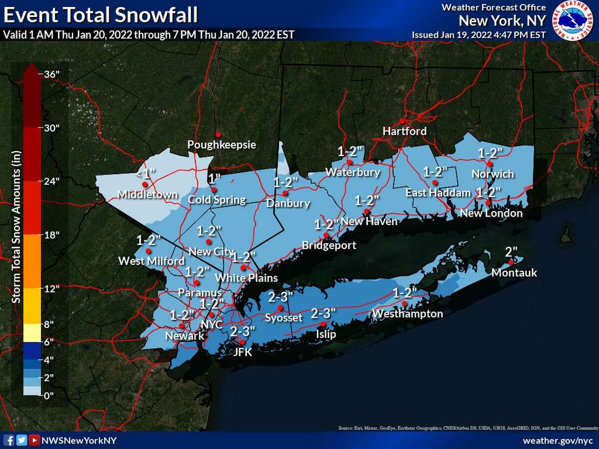The National Weather Service is forecasting 1 to 2 inches of snow in southern Connecticut Thursday morning.