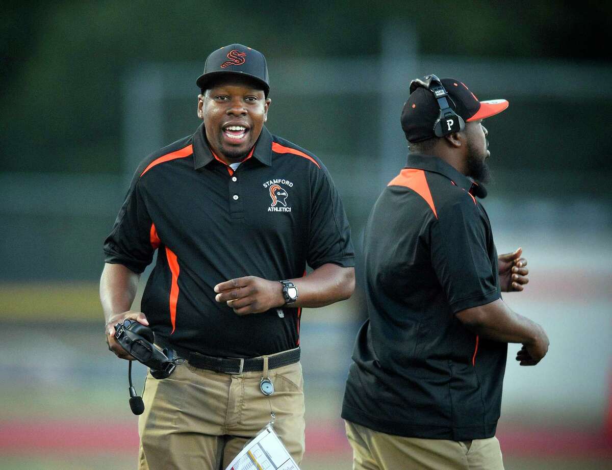 Stamford coach Jamar Greene, shown is this photograph taken on Sept. 13, 2019, has been named the New York Jets' Coach of the Week. Second time he has earned the honor. #cthsfb