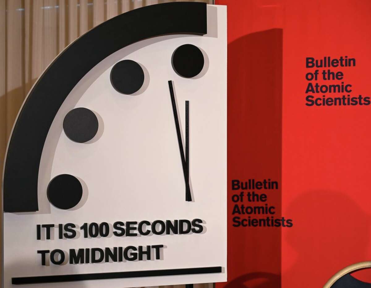 The Doomsday Clock reads 100 seconds to midnight, a decision made by The Bulletin of Atomic Scientists, during an announcement at the National Press Club in Washington, D.C. (Photo by Eva Hambach/AFP via Getty Images)