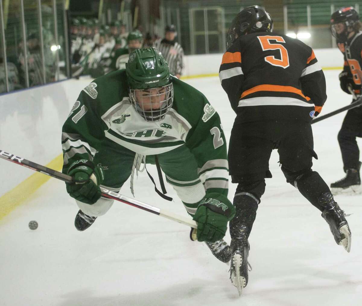 Shen forward Nolan Sullivan and Bethlehem forward William Bievenue collide during a game on Wednesday, Jan. 19, 2022, in Clifton Park, N.Y. (Jenn March, Special to the Times Union)
