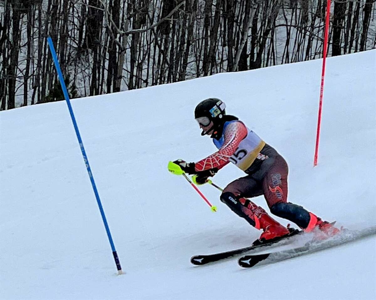 Onekama's Braydon Sorenson races down the hill in a Lake Michigan Ski Conference meet at Crystal Mountain on Wednesday.