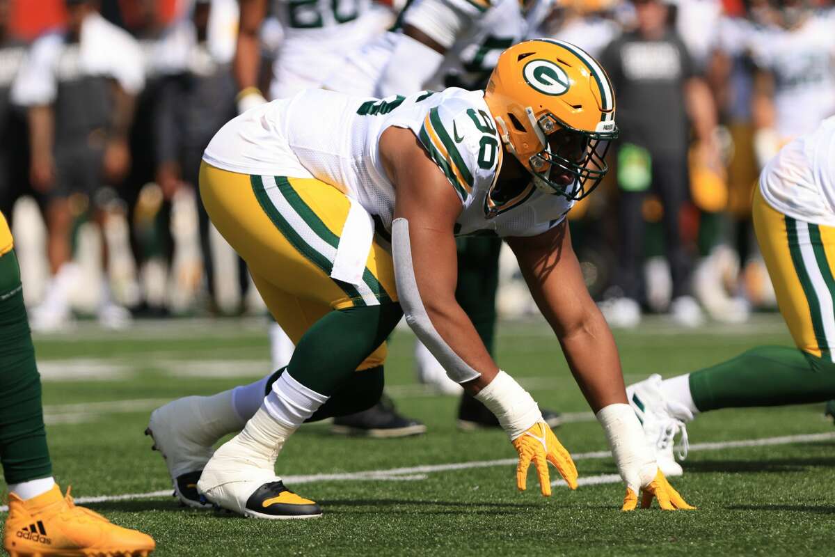 CINCINNATI, OH - OCTOBER 10: Green Bay Packers defensive end Kingsley Keke (96) lines up for a play during the game against the Green Bay Packers and the Cincinnati Bengals on October 10, 2021, at Paul Brown Stadium in Cincinnati, OH. (Photo by Ian Johnson/Icon Sportswire via Getty Images)