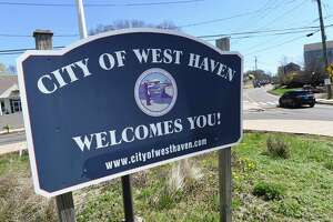 A welcome sign at the border of West Haven and Milford photographed on April 16, 2019.