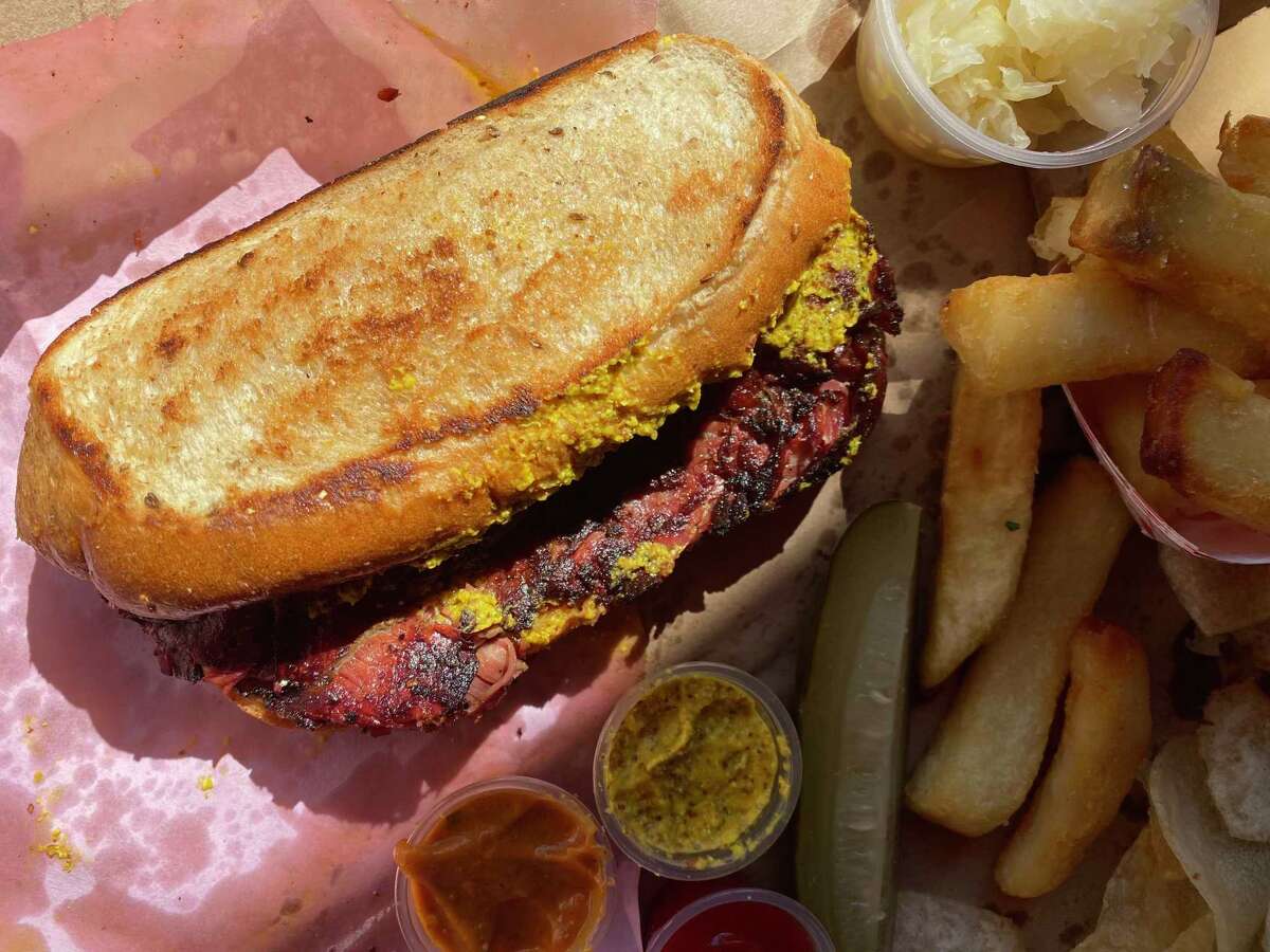 A pastrami sandwich from Pyro’s Pastrami, the hit pop-up from Cash Caris and Anahita Cann.
