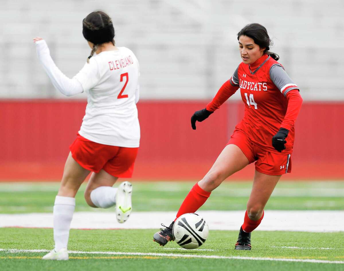 Splendora’s Angelli Cortes (14), shown here earlier this season, scored the Ladycats lone goal against Huffman-Hargrave in Tuesday’s 3-1 loss.