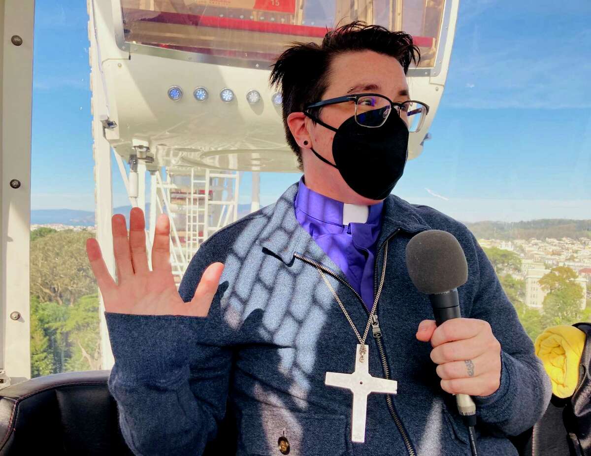 Bishop Megan Rohrer rides the Golden Gate Park Ferris wheel while recording a Total SF podcast with Peter Hartlaub and Heather Knight.