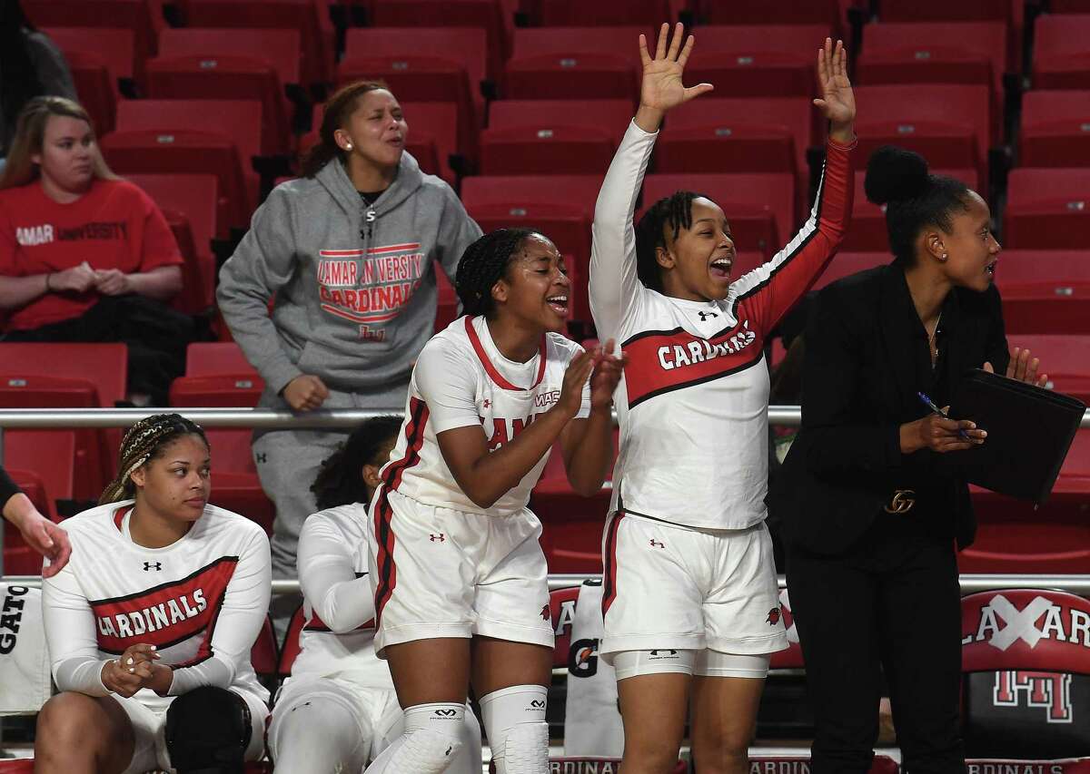 Lamar's bench reacts as they take in the action with Dixie State during Thursday's match-up at the Montagne Center. Photo made Thursday, January 20, 2022 Kim Brent/The Enterprise