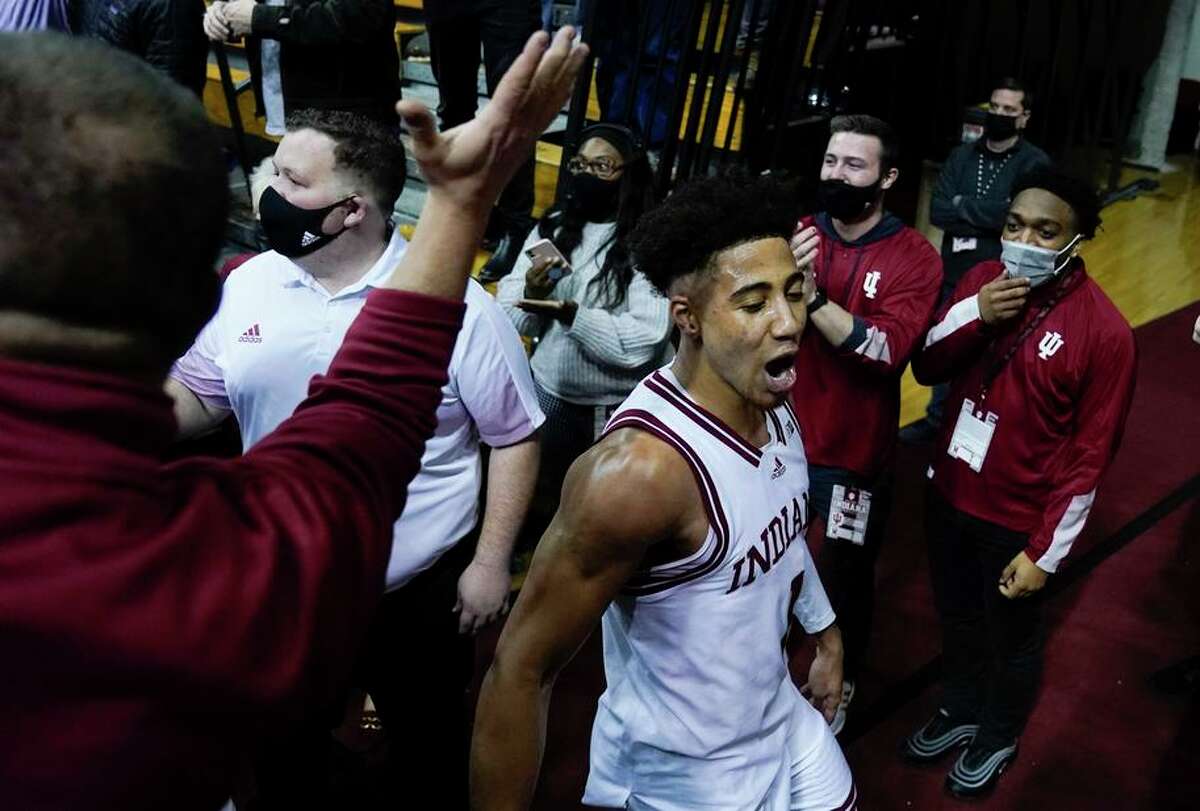 Indiana’s Rob Phinisee, who hit the decisive shot, celebrates after the Hoosiers beat No. 4 Purdue on Thursday night.