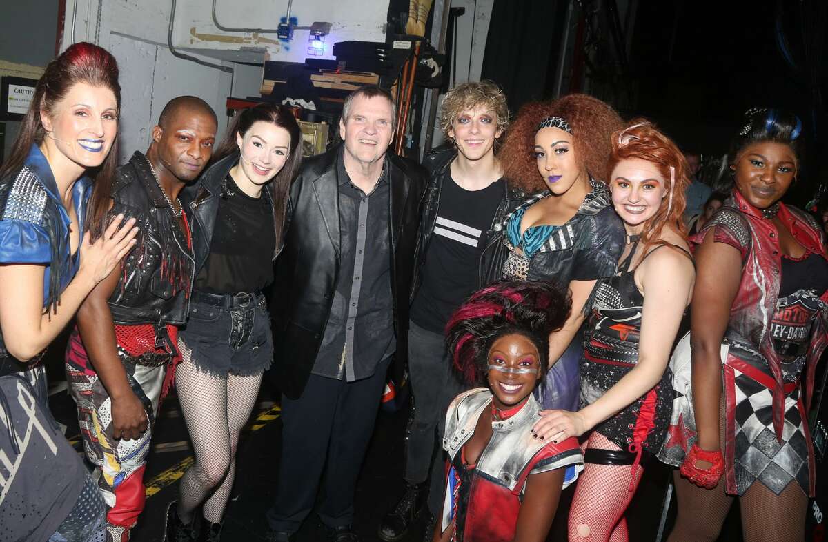 NEW YORK, NEW YORK - AUGUST 20: Meat Loaf poses with the cast as he visits the cast of the musical "Bat Out Of Hell" on Broadway at New York City Center on August 20, 2019 in New York City. 