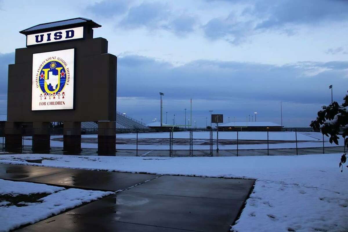Snow is seen on the ground outside of UISD’s football field, the Student Activity Complex, in 2017.