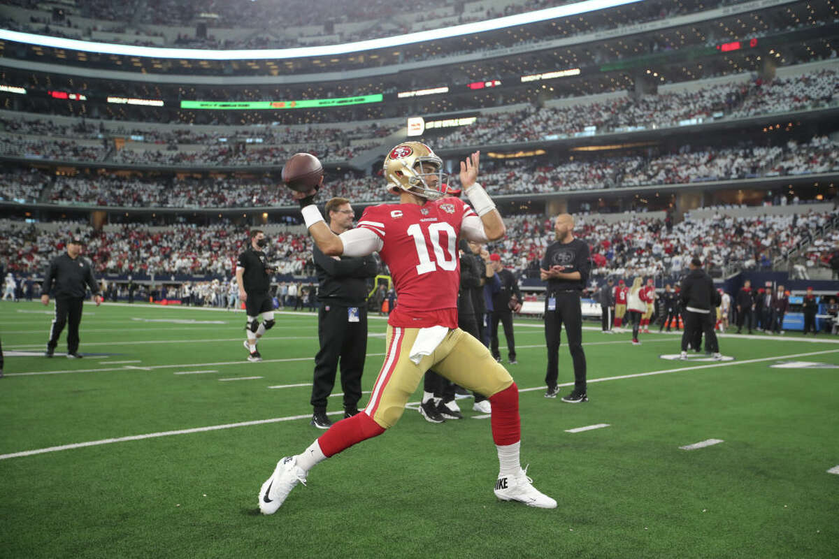 Jimmy Garoppolo of the San Francisco 49ers on the field before the NFC Wild Card Playoff game against the Dallas Cowboys.