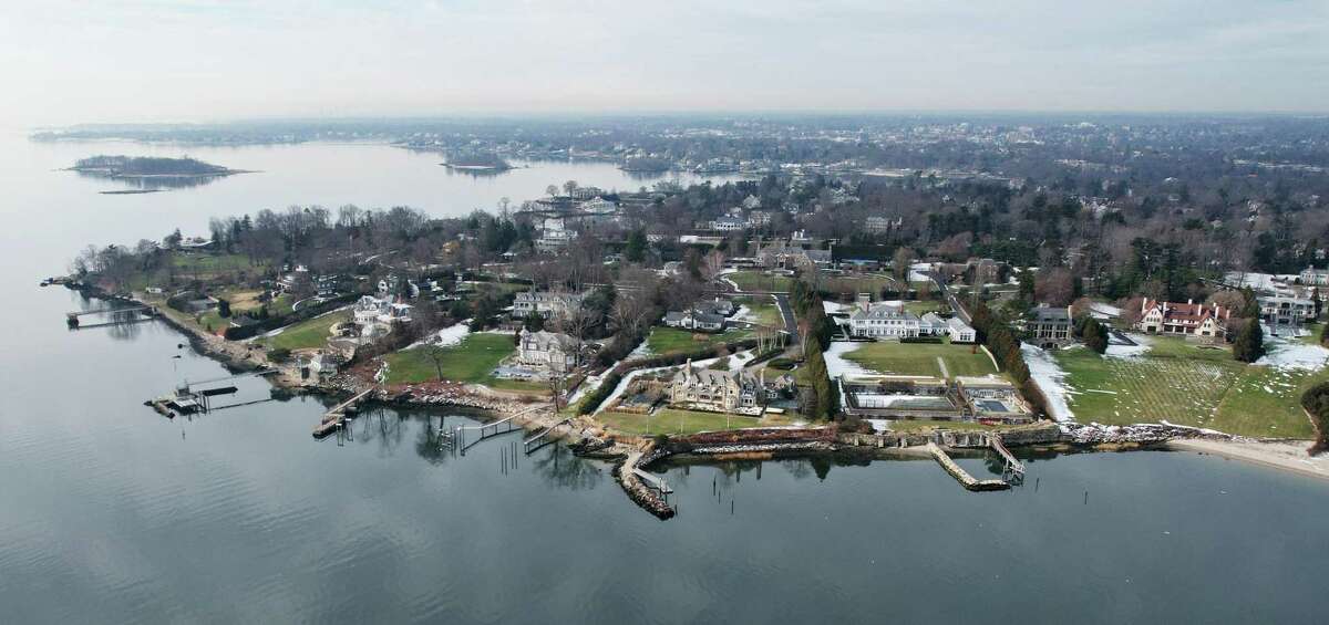 The affluent Belle Haven enclave in Greenwich, Conn., photographed from Greenwich Harbor on Thursday, Jan. 13, 2022.