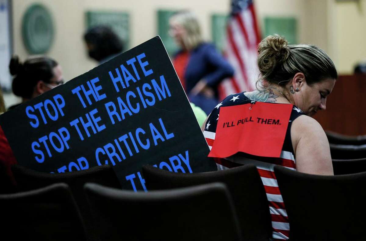 Andria Derio attends a Placentia Yorba Linda School Board meeting in November that discussed banning teaching critical race theory in the Orange County district.