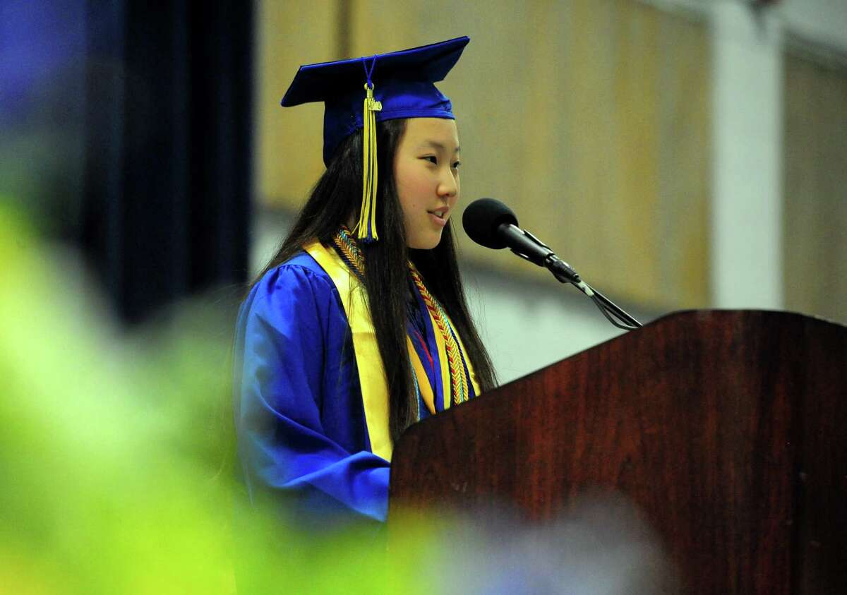 Graduate and Class Valedictorian Rachel Li gives the closing remarks during Brookfield High School's 53rd Commencement Exercises at at the O'Neill Center at Western Connecticut State University in Danbury, Conn., on Saturday June 22, 2019.