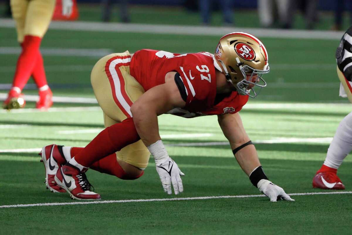San Francisco 49ers defensive end Nick Bosa (97) against the Dallas Cowboys during the first half of an NFL wild-card playoff football game in Arlington, Texas, Sunday, Jan. 16, 2022. (AP Photo/Roger Steinman)