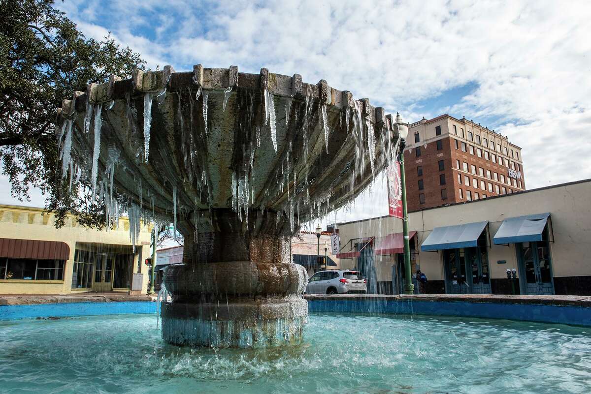 Fountains outside the Laredo Center for the Arts partially freeze, Monday, Feb. 15, 2021, as Laredo experiences temperatures in the low 20s following a winter storm.