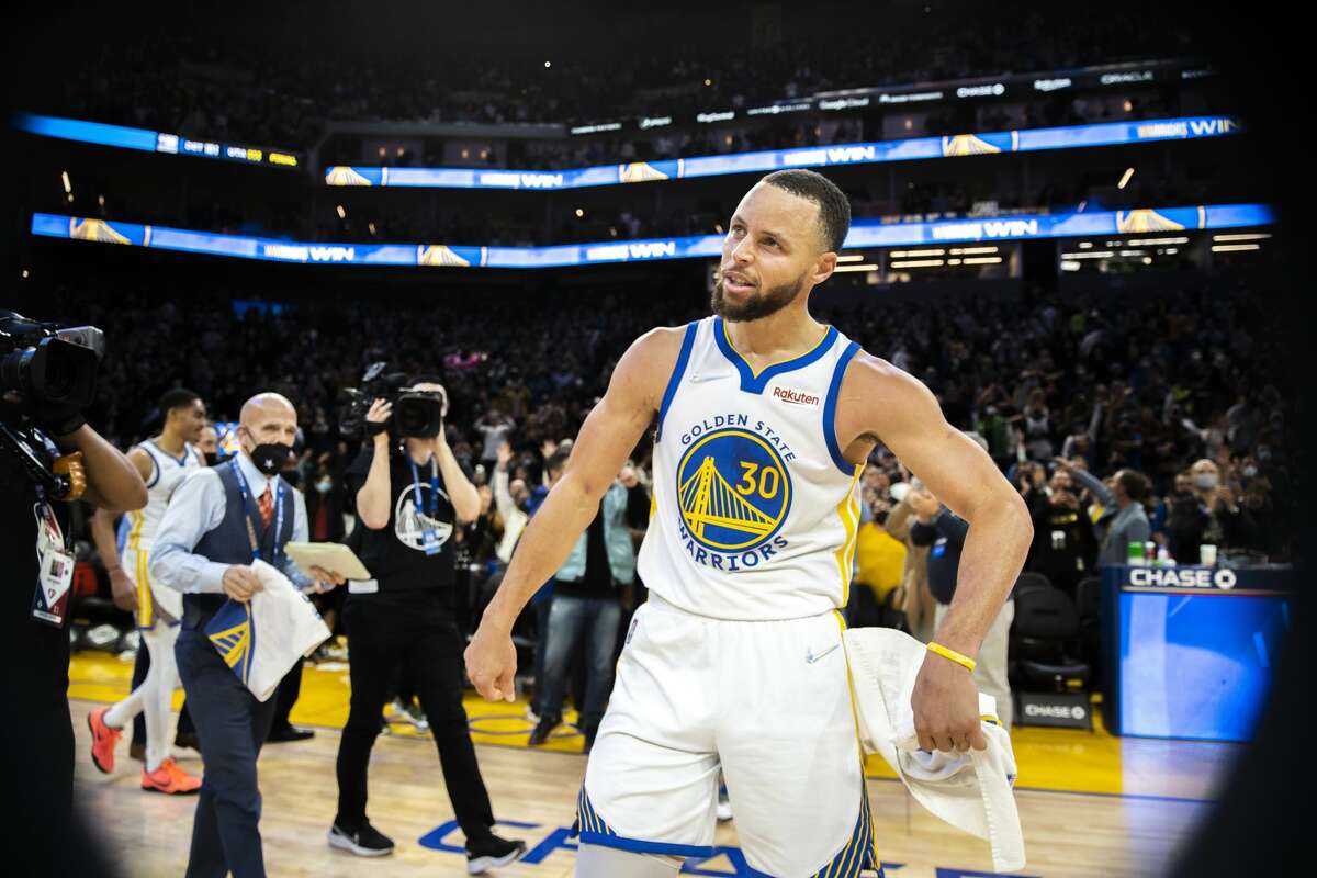 Golden State Warriors guard Stephen Curry (30) following the NBA game against the Houston Rockets at Chase Center, Friday, Jan. 21, 2022, in San Francisco, Calif. Curry scored a two-point buzzer beater to win the NBA game against the against the Rockets 105-103.